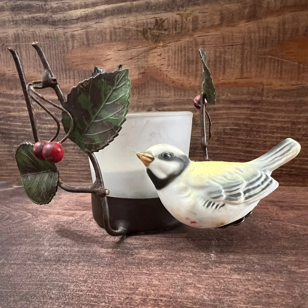 Vintage Metal Branch Votive Candle Holder Ceramic Bird Leaves Red Berries